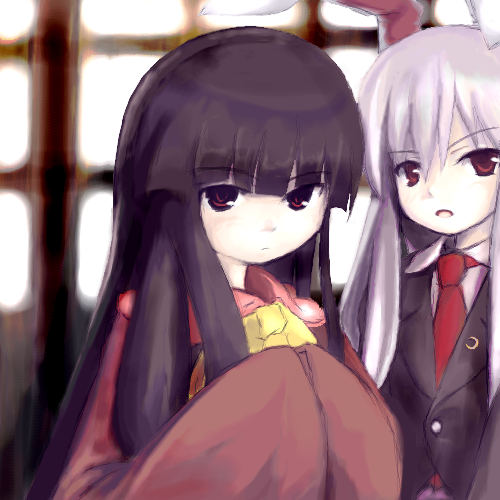 tsubasa (abchipika), houraisan kaguya, reisen udongein inaba, touhou, lowres, 2girls, animal ears, black hair, female focus, long hair, multiple girls, purple hair, rabbit ears, ribbon