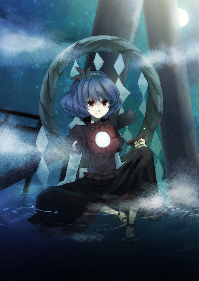 nr (cerumia), nr (cmnrr), nr (pixiv), yasaka kanako, touhou, bad id, bad pixiv id, 1girl, blue hair, female focus, leaf, mirror, moon, red eyes, rope, short hair, solo, torii, water