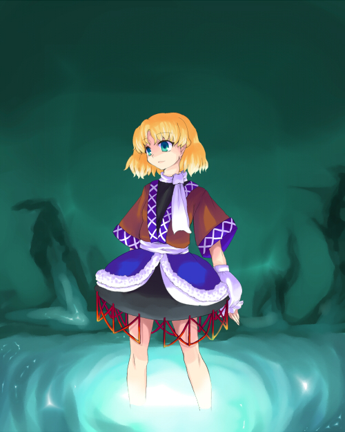 mizu mochi, mizuhashi parsee, touhou, 1girl, aqua eyes, arm warmers, blonde hair, female focus, scarf, short hair, solo, standing, water