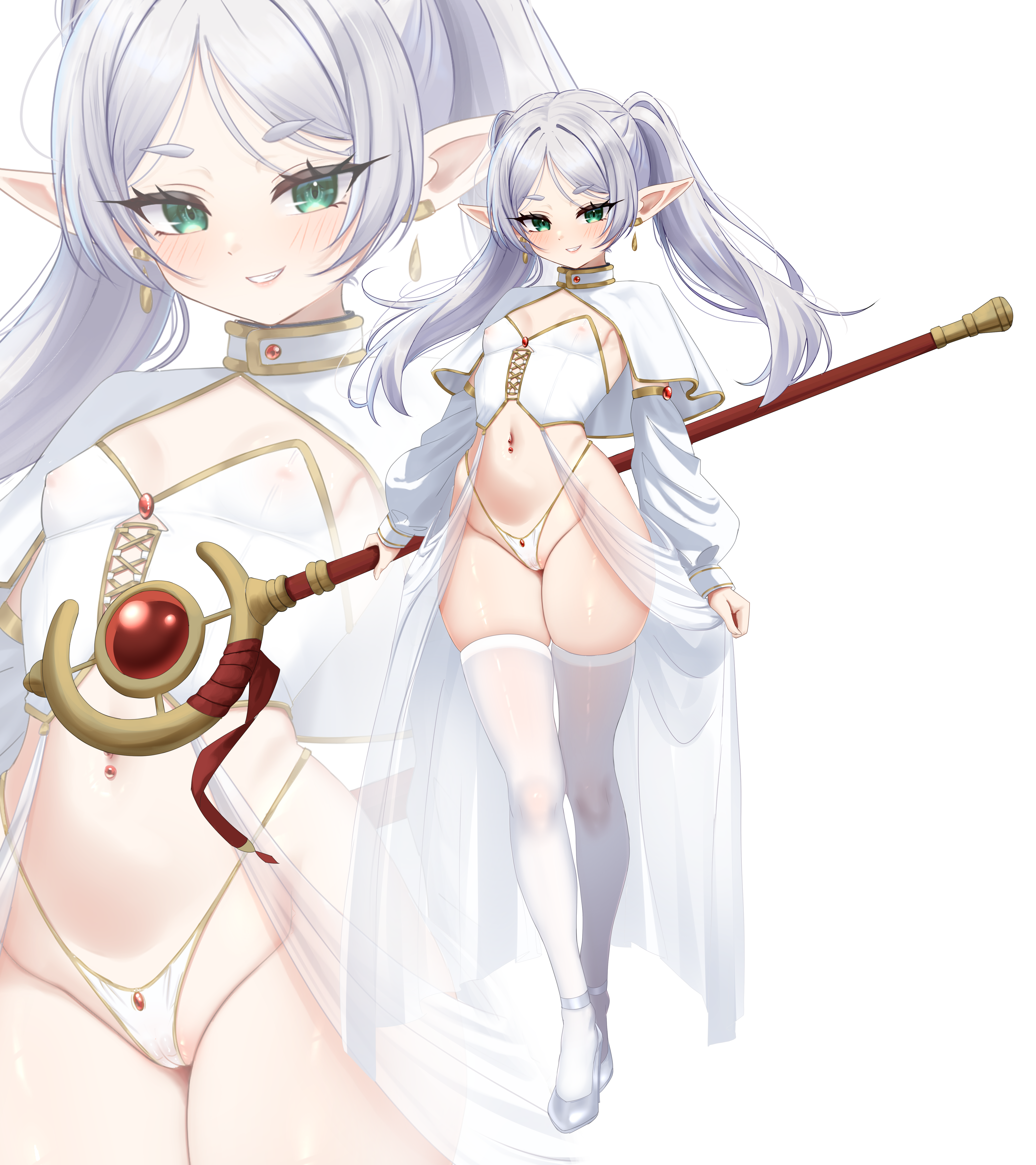 kiari art, frieren, sousou no frieren, absurdres, highres, 1girl, blush, breasts, cameltoe, capelet, covered erect nipples, detached sleeves, earrings, elf, floating earrings, full body, green eyes, grey hair, grin, highleg, highleg panties, holding, holding staff, jewelry, lips, long hair, long sleeves, looking at viewer, mage staff, navel, navel piercing, panties, parted bangs, piercing, pointy ears, simple background, skindentation, small breasts, smile, solo, staff, standing, teardrop earrings, thighhighs, twintails, underwear, white background, white capelet, white panties, zoom layer
