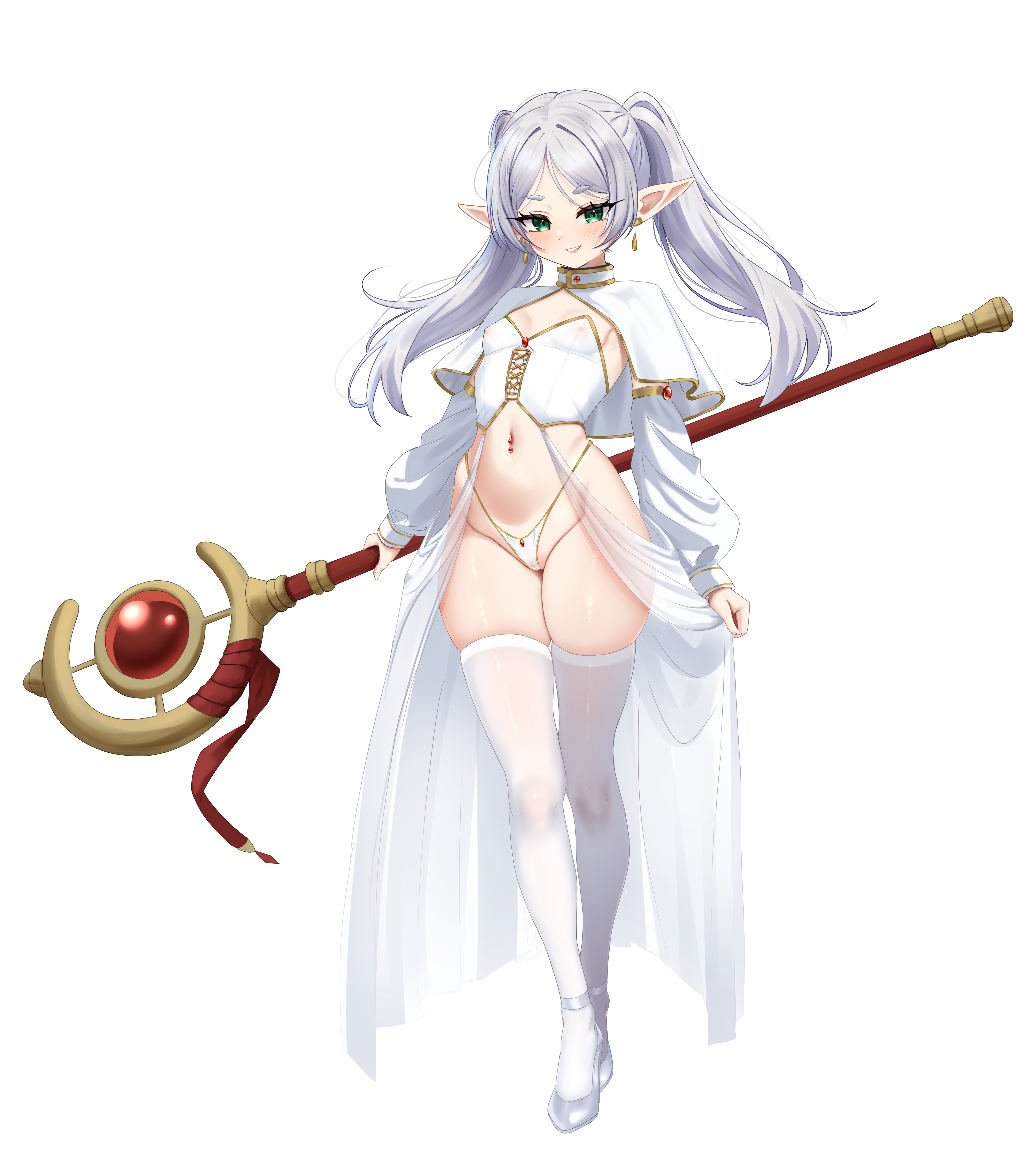 kiari art, frieren, sousou no frieren, absurdres, highres, 1girl, blush, breasts, cameltoe, capelet, covered erect nipples, detached sleeves, earrings, elf, floating earrings, full body, green eyes, grey hair, grin, highleg, highleg panties, holding, holding staff, jewelry, lips, long hair, long sleeves, looking at viewer, mage staff, navel, navel piercing, panties, parted bangs, piercing, pointy ears, simple background, skindentation, small breasts, smile, solo, staff, standing, teardrop earrings, thighhighs, twintails, underwear, white background, white capelet, white panties