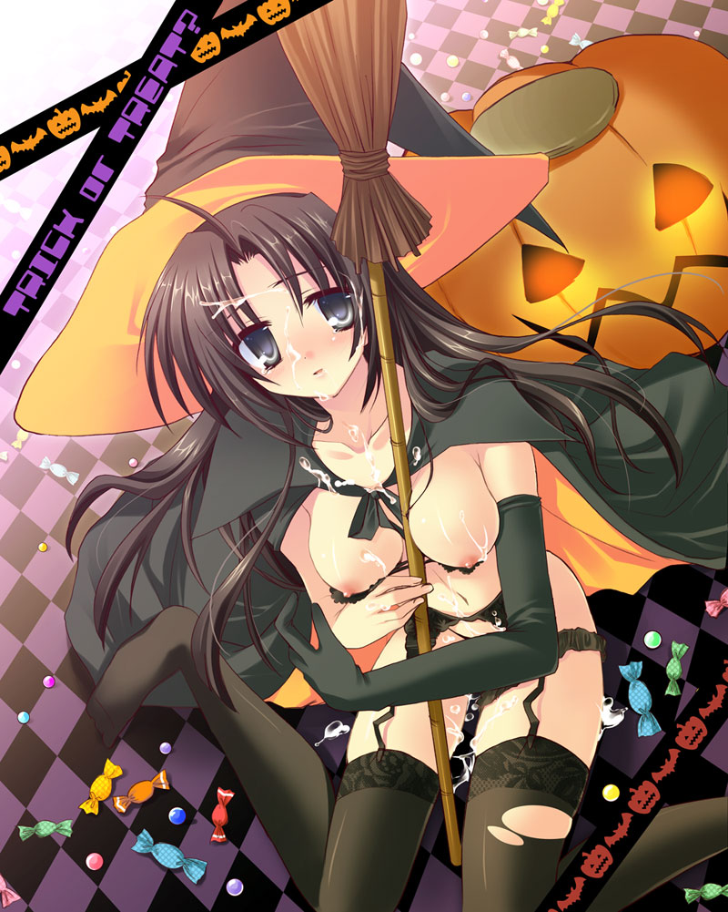izumi makoto, argyle, 1girl, black thighhighs, breasts, broom, candy, cape, cum, female focus, food, halloween, hat, jack-o'-lantern, jiko shoukai ha zuiji koushin, lingerie, long hair, medium breasts, nipples, pumpkin, socks, solo, thighhighs, underwear, witch hat