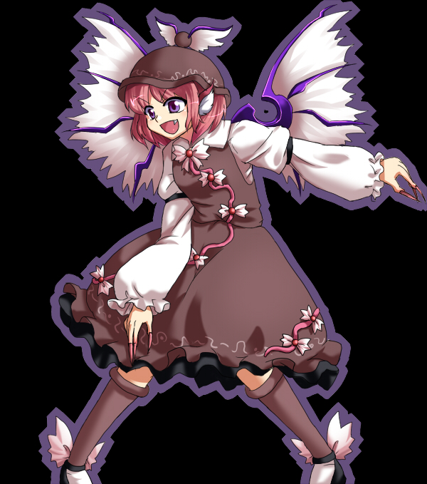 mizu mochi, mystia lorelei, touhou, 1girl, animal ears, black background, fang, female focus, hat, open mouth, pink hair, purple eyes, simple background, socks, solo, standing, wings