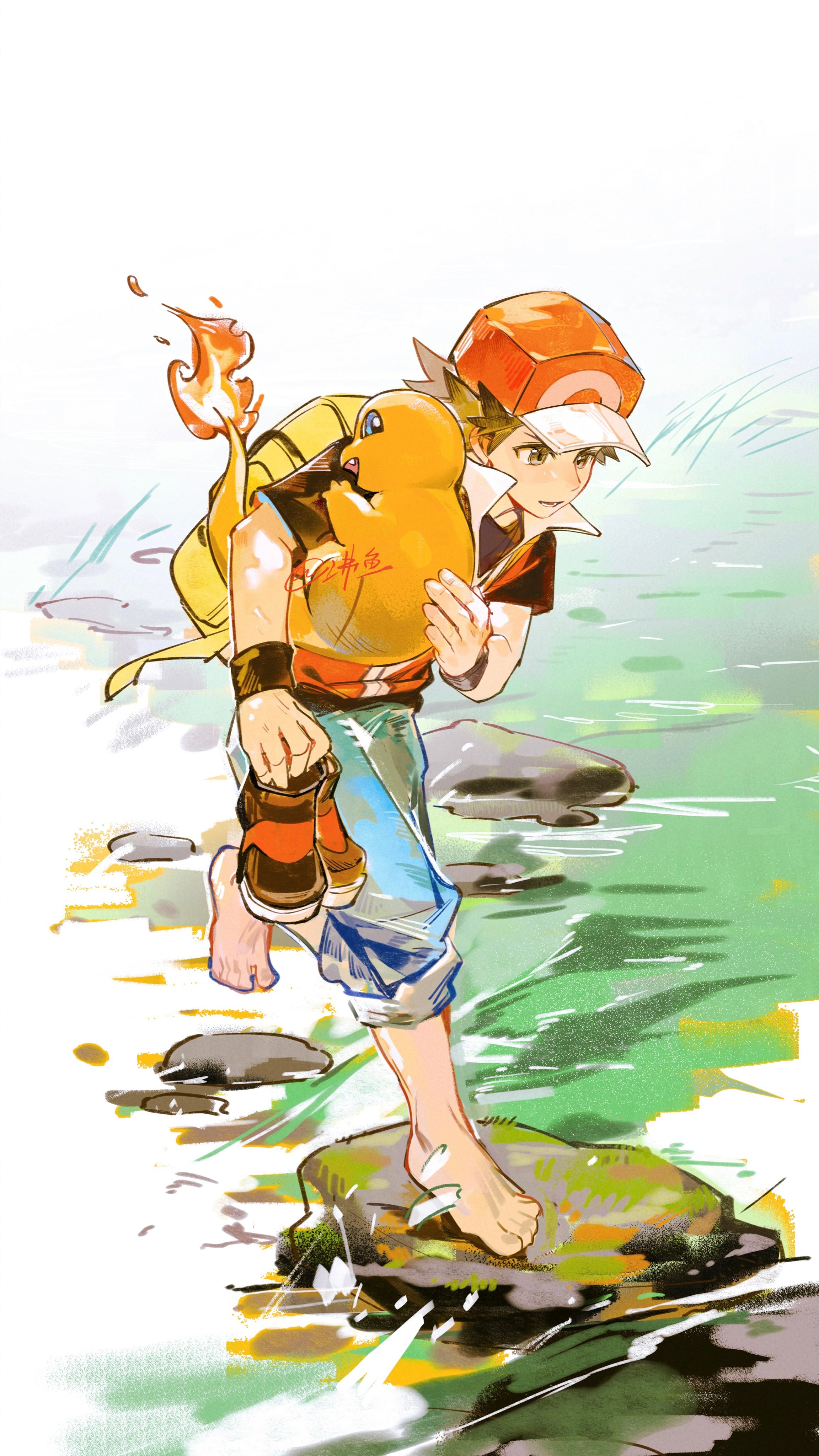 fiy1827565, charmander, red (pokemon), nintendo, pokemon, pokemon frlg, absurdres, highres, 1boy, barefoot, baseball cap, black shirt, blue pants, brown hair, carrying, denim, fire, food, gen 1 pokemon, hat, holding, holding food, lizard, male focus, pants, red hat, red vest, river, running, shirt, short hair, vest, water