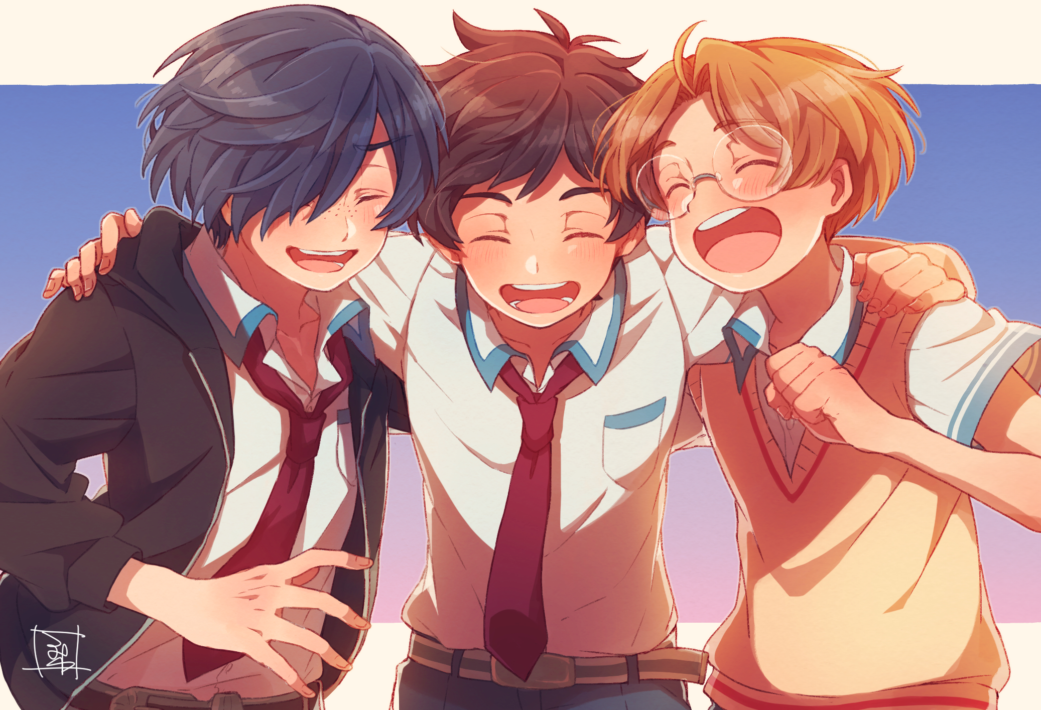 aoya (ayoyame18), jinnai enta, kuji toi, yasaka kazuki, sarazanmai, commentary request, highres, 3boys, arm around shoulder, belt, black jacket, blue hair, blush, brown hair, brown sweater vest, collared shirt, fingernails, freckles, glasses, happy, jacket, male focus, multiple boys, necktie, open mouth, red necktie, round eyewear, shirt, short hair, sweater vest, white shirt