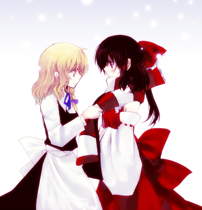 nr (cerumia), nr (cmnrr), nr (pixiv), hakurei reimu, kirisame marisa, perfect cherry blossom, touhou, bad id, bad pixiv id, 2girls, blonde hair, blush, bow, braid, brown hair, detached sleeves, female focus, hair ribbon, japanese clothes, miko, multiple girls, ponytail, ribbon, scarf, snow, yellow eyes