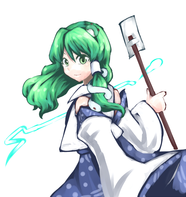 mizu mochi, kochiya sanae, touhou, 1girl, detached sleeves, female focus, green eyes, green hair, japanese clothes, miko, solo, standing, white background