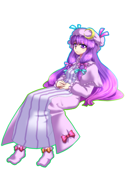 mizu mochi, patchouli knowledge, touhou, 1girl, bow, crescent hat ornament, female focus, hair ribbon, hat, hat ornament, hat ribbon, long hair, pink bow, purple eyes, purple hair, ribbon, solo