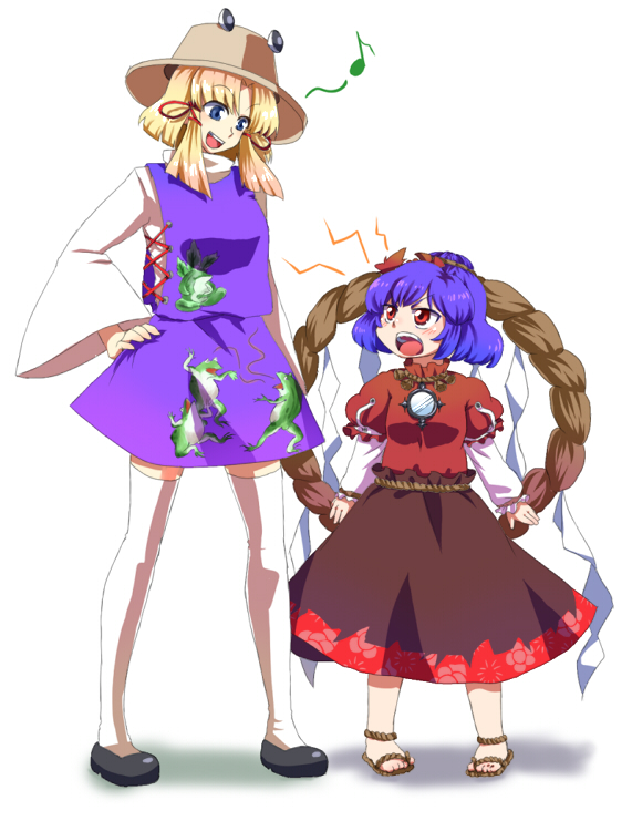 mizu mochi, moriya suwako, yasaka kanako, touhou, 2girls, aged down, blonde hair, blue eyes, blue hair, female focus, hat, multiple girls, red eyes, role reversal, rope, short hair, skirt, thighhighs, white background, zettai ryouiki