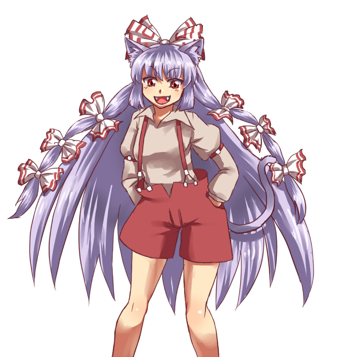 mizu mochi, fujiwara no mokou, touhou, silver hair, 1girl, animal ears, cat ears, cat girl, cat tail, fang, fangs, female focus, red eyes, shorts, simple background, solo, standing, tail, white background