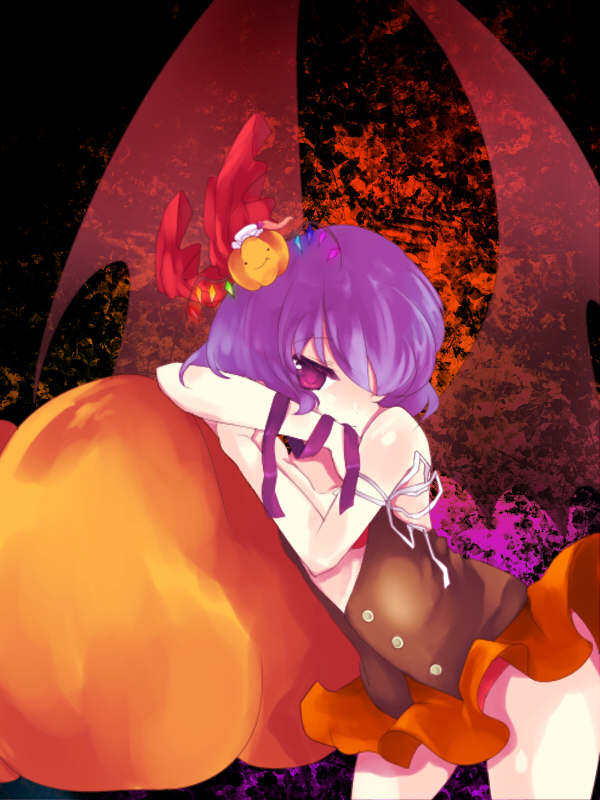 eiko (pixiv), eiko (tukino), flandre scarlet, remilia scarlet, touhou, bad id, bad pixiv id, 1girl, bat wings, female focus, food-themed hair ornament, hair ornament, pink hair, pumpkin, pumpkin hair ornament, purple eyes, purple hair, ribbon, skirt, solo, wings