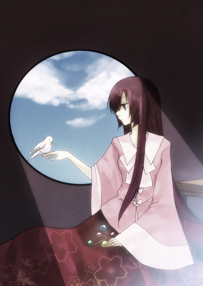 nr (cerumia), nr (cmnrr), nr (pixiv), houraisan kaguya, touhou, bad id, bad pixiv id, 1girl, bird, bird on hand, branch, brown eyes, brown hair, female focus, hime cut, jeweled branch of hourai, light rays, long hair, profile, round window, solo, sunbeam, sunlight, window