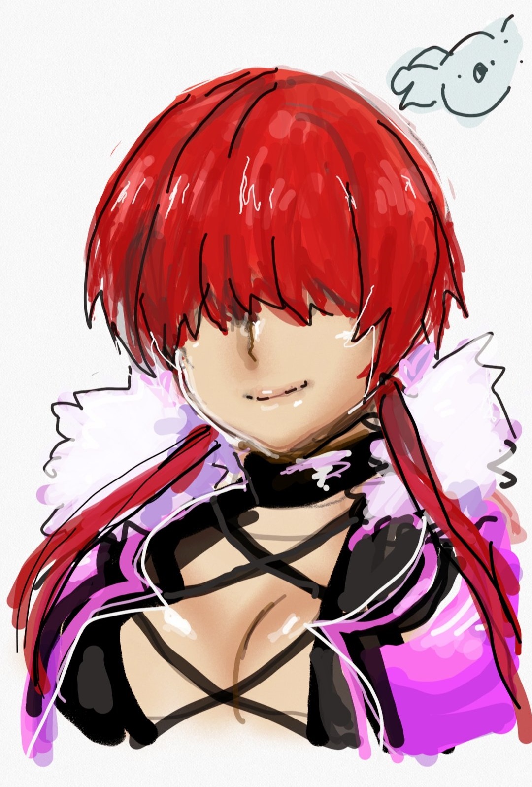 d-ryuu, dragonsinmysky, shermie (kof), the king of fighters, 1girl, breasts, cleavage, cleavage cutout, clothing cutout, coat, curvy, female focus, fishnets, fluffy, large breasts, long hair, pale skin, red hair, smile, twintails