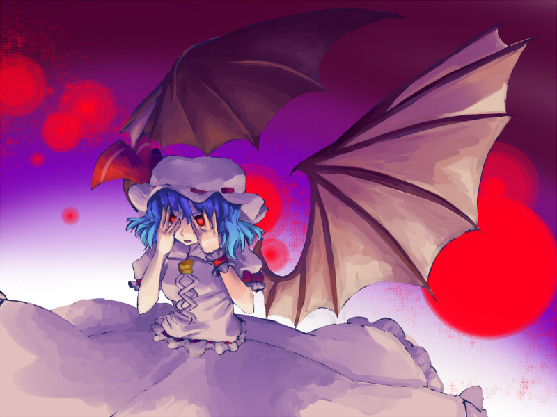 mizu mochi, remilia scarlet, touhou, 1girl, bat wings, blue hair, bow, female focus, gradient background, hair ribbon, hat, red eyes, ribbon, skirt, solo, wings