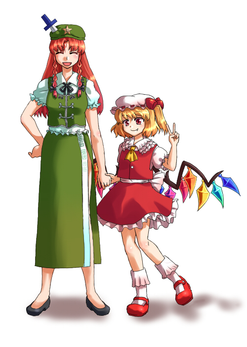 mizu mochi, flandre scarlet, hong meiling, embodiment of scarlet devil, touhou, 2girls, blonde hair, bow, braid, china dress, chinese clothes, dress, female focus, hair ribbon, hat, hat ribbon, holding hands, knife, mary janes, mob cap, multiple girls, red hair, ribbon, shoes, side ponytail, skirt, socks, throwing knife, twin braids, v, weapon, white background, wings