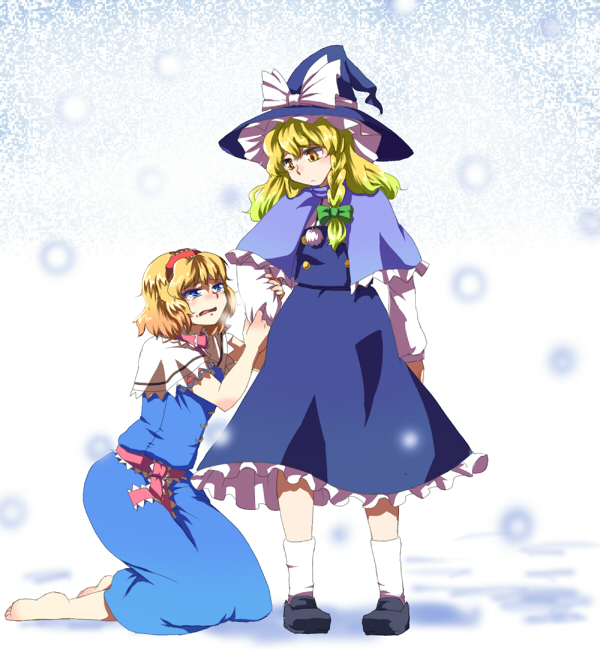 mizu mochi, alice margatroid, kirisame marisa, perfect cherry blossom, touhou, 2girls, barefoot, blonde hair, blue eyes, braid, dress, female focus, full body, gradient background, hair ribbon, hairband, hat, hat ribbon, mantelet, multiple girls, outdoors, ribbon, short hair, snow, socks, white background, witch, witch hat, yellow eyes
