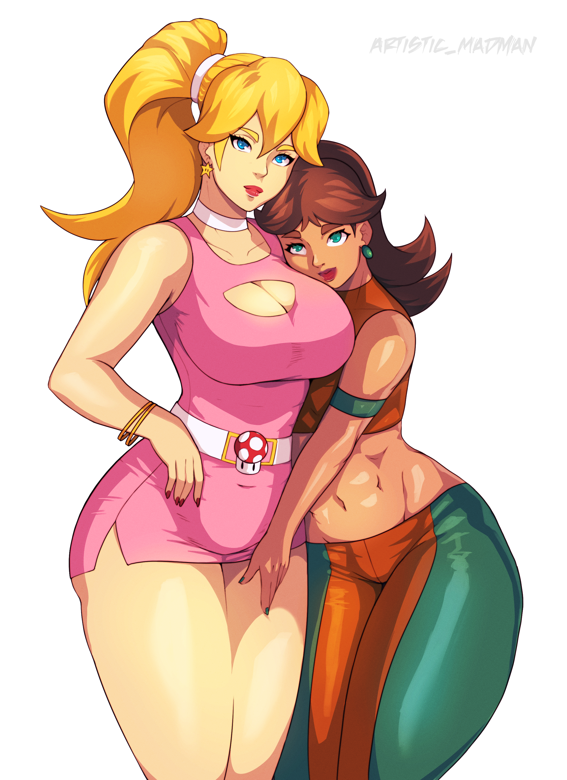 artistic madman, princess daisy, princess peach, mario (series), nintendo, super mario bros. 1, super mario land, 2girls, breasts, large breasts, long hair, multiple girls