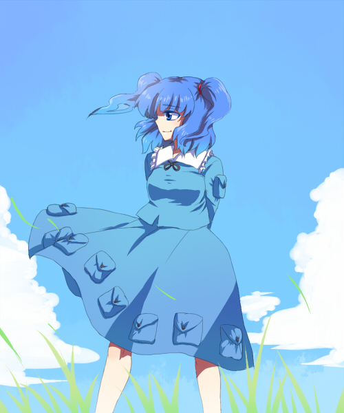 mizu mochi, kawashiro nitori, touhou, 1girl, blue eyes, blue hair, cloud, day, female focus, grass, hair bobbles, hair ornament, matching hair/eyes, sky, solo, twintails, two side up