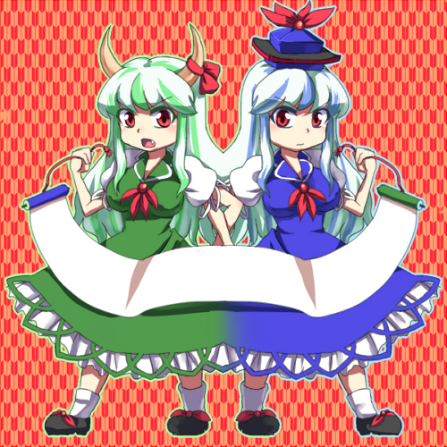 mizu mochi, ex-keine, kamishirasawa keine, touhou, lowres, 2girls, blue hair, bow, breasts, chibi, dual persona, fang, female focus, green hair, hat, horns, large breasts, long hair, multiple girls, red eyes, ribbon, scroll, socks