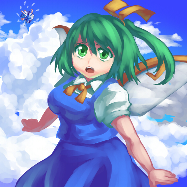 mizu mochi, cirno, daiyousei, embodiment of scarlet devil, touhou, 2girls, bloomers, bow, breasts, cloud, day, female focus, green eyes, green hair, large breasts, multiple girls, side ponytail, sky, underwear, wings