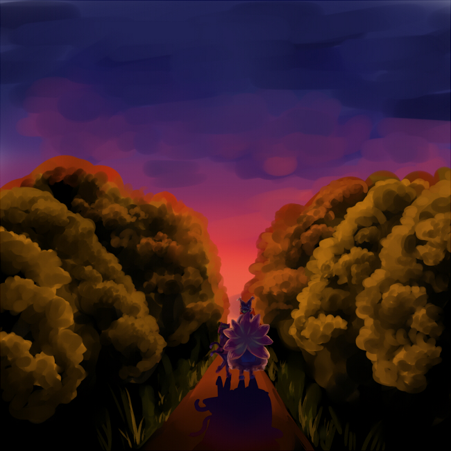 mizu mochi, chen, yakumo ran, touhou, 2girls, alley, animal hat, female focus, forest, from behind, full body, hat, long sleeves, mob cap, multiple girls, nature, outdoors, path, plant, road, sunset, tabard, tassel, tree, walking