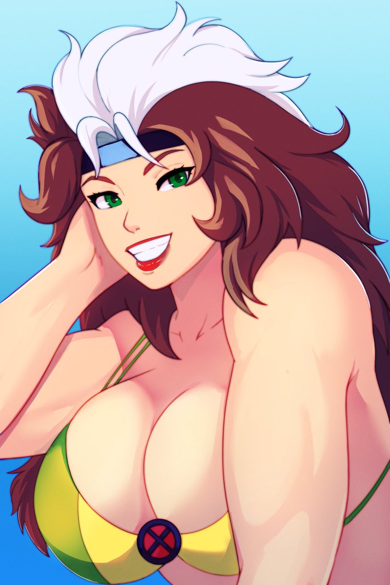 artistic madman, rogue (x-men), marvel, x-men, 1girl, breasts, large breasts, long hair, smile