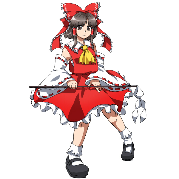 mizu mochi, hakurei reimu, touhou, 1girl, bow, brown eyes, brown hair, detached sleeves, female focus, full body, gohei, hair ribbon, japanese clothes, mary janes, miko, ribbon, sarashi, shoes, simple background, skirt, socks, solo, white background