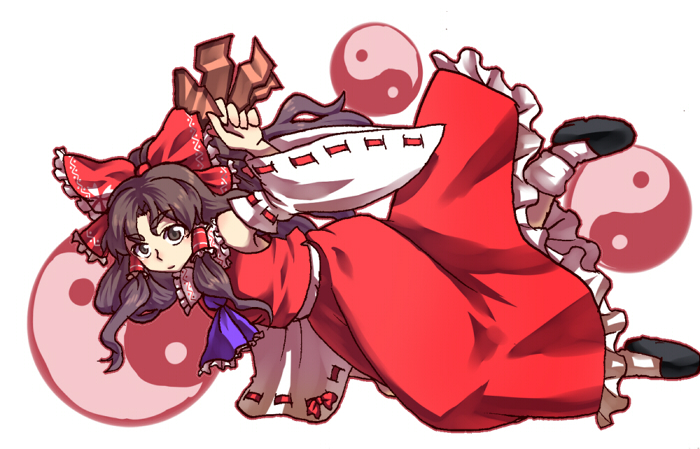 mizu mochi, hakurei reimu, phantasmagoria of flower view, touhou, 1girl, bow, brown eyes, brown hair, detached sleeves, female focus, hair ribbon, japanese clothes, miko, ofuda, ponytail, ribbon, skirt, socks, solo, white background, yin yang