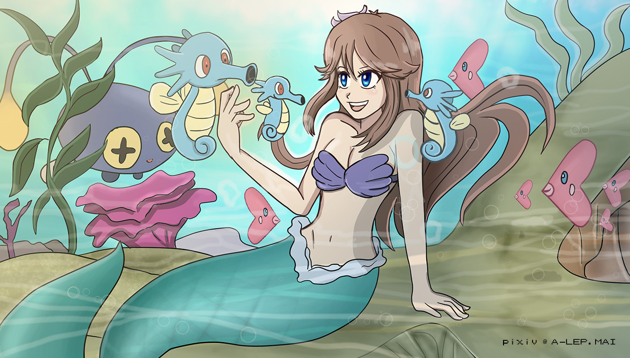 chinchou, green (pokemon), horsea, luvdisc, nintendo, pokemon, pokemon adventures, the little mermaid (disney), highres, 1girl, ahoge, algae, arm support, armpit crease, arms at sides, bikini, blue eyes, breasts, brown hair, bubble, cleavage, collarbone, coral, eyelashes, female focus, fins, fish tail, floating hair, flower, full body, gen 1 pokemon, gen 2 pokemon, gen 3 pokemon, groin, hair between eyes, hair flower, hair ornament, hand up, happy, long hair, looking at another, medium breasts, mermaid, midriff, monster girl, navel, neck, ocean, open mouth, parody, purrrloin, shell, shell bikini, sidelocks, sitting, smile, stomach, strapless, strapless bikini, tail, underwater