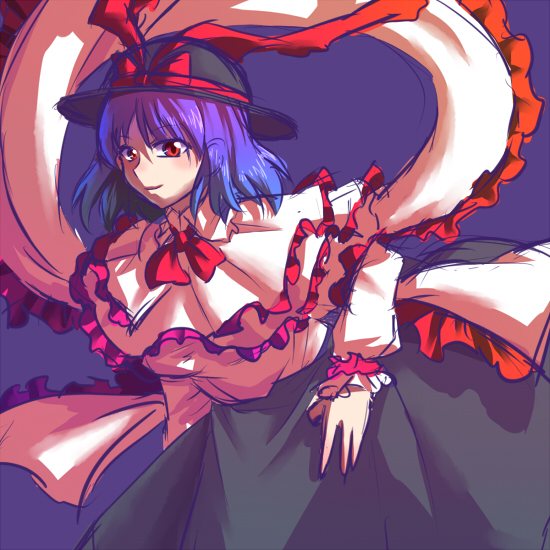 mizu mochi, nagae iku, touhou, 1girl, blue hair, female focus, hat, hat ribbon, red eyes, ribbon, simple background, solo, standing