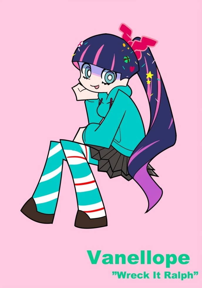 stocking (psg), vanellope von schweetz, panty & stocking with garterbelt, wreck-it ralph, 1girl, black hair, blue eyes, brown eyes, colored inner hair, cosplay, dress, food, hair ornament, long hair, looking at viewer, multicolored hair, over-kneehighs, pink hair, ponytail, purple hair, skirt, smile, solo, thighhighs, user nggj5578, vanellope von schweetz (cosplay)