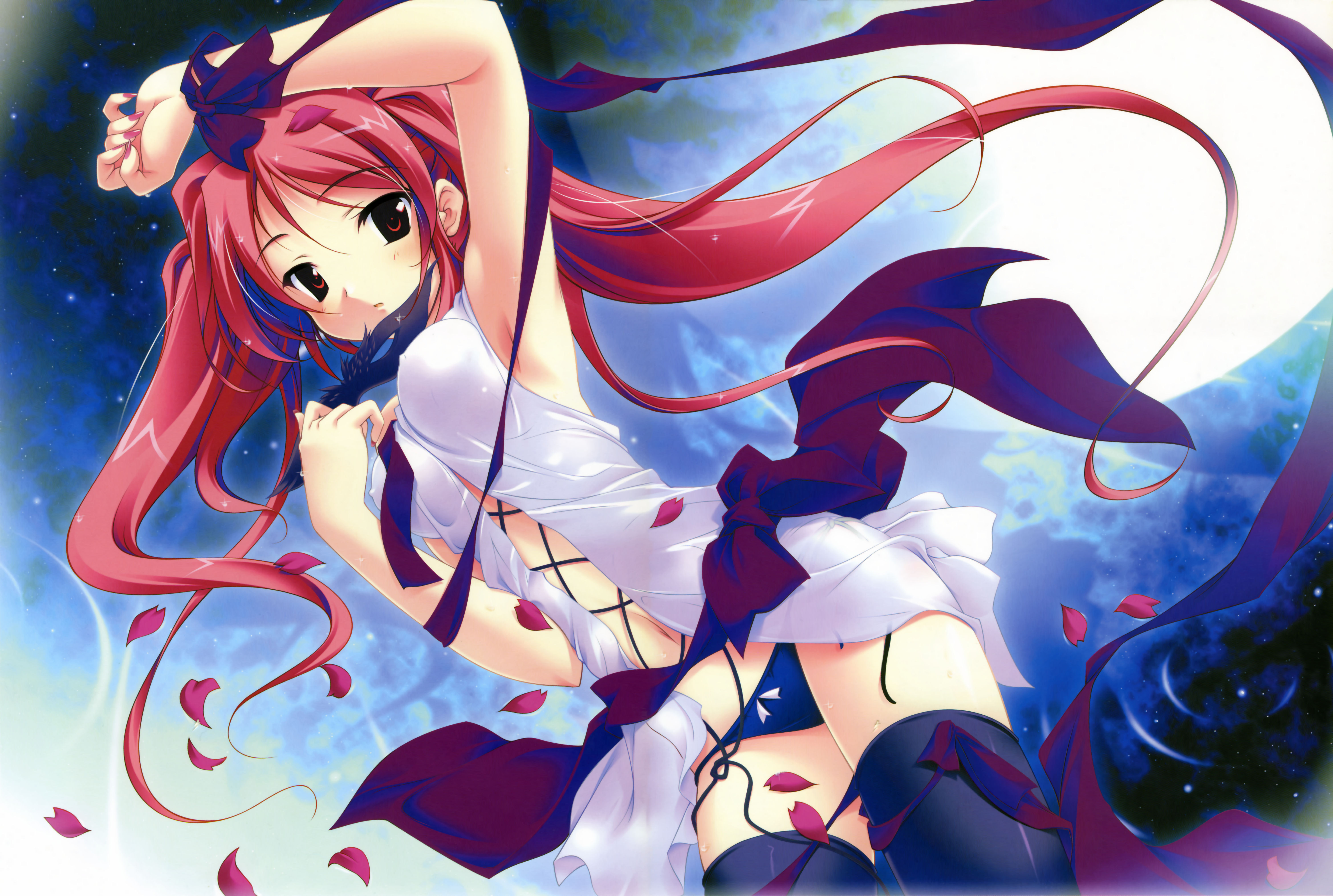fujiwara warawara, nire sumika, haruka ni aogi uruwashi no, absurdres, highres, 1girl, armpits, blue panties, female focus, long hair, panties, petals, red eyes, red hair, solo, thighhighs, twintails, underwear