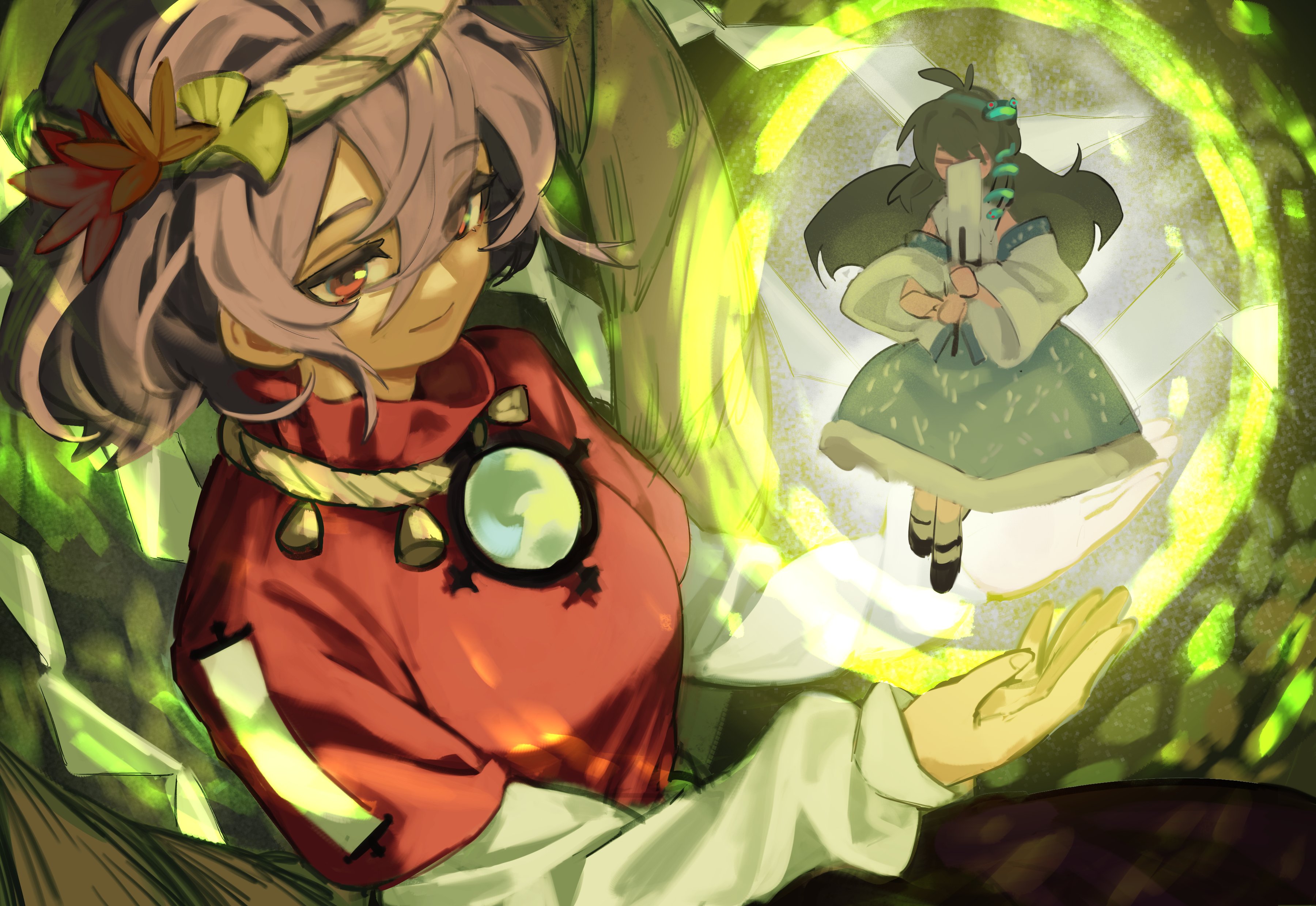 tuck (tuck23978434), kochiya sanae, yasaka kanako, touhou, absurdres, highres, 2girls, antenna hair, autumn leaves, bare shoulders, black shoes, black skirt, blue skirt, breasts, closed eyes, closed mouth, collared shirt, detached sleeves, frog hair ornament, gohei, green background, green hair, hair behind ear, hair ornament, holding, holding gohei, leaf, leaf hair ornament, long hair, long sleeves, medium breasts, medium hair, multiple girls, patterned clothing, print skirt, purple hair, red eyes, red shirt, rope, shide, shimenawa, shirt, shoes, skirt