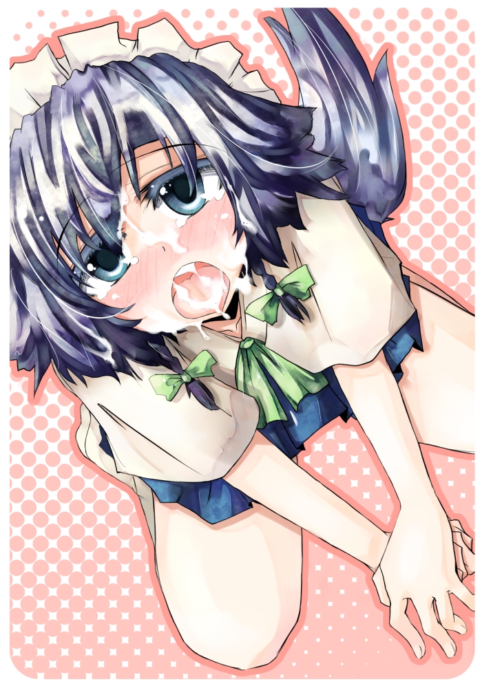tora, tora (torayarou), izayoi sakuya, touhou, silver hair, 1girl, blue eyes, bow, braid, cum, cum on body, dog tail, facial, female focus, hair ribbon, maid, ribbon, solo, tail, twin braids