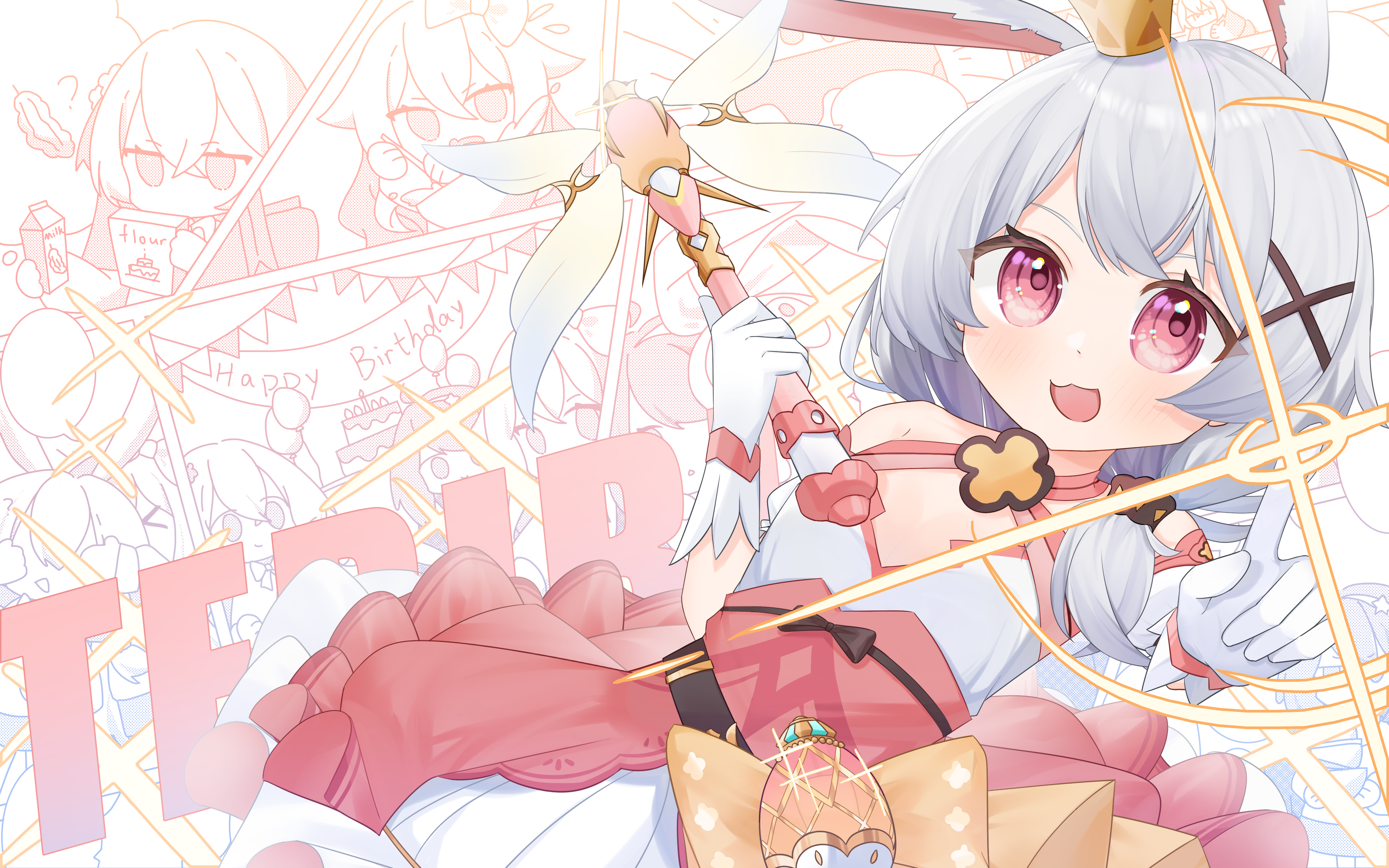 mogu kinoko, bronya zaychik, seele vollerei, sirin, theresa apocalypse, theresa apocalypse (magic girl teriri), theresa apocalypse (sakuno rondo), honkai (series), honkai impact 3rd, absurdres, highres, 1girl, :d, animal ears, crown, dress, fox ears, gloves, holding, holding wand, magical girl, open mouth, pink dress, pink eyes, pointing, pointing at viewer, smile, solo, wand, white gloves, white hair