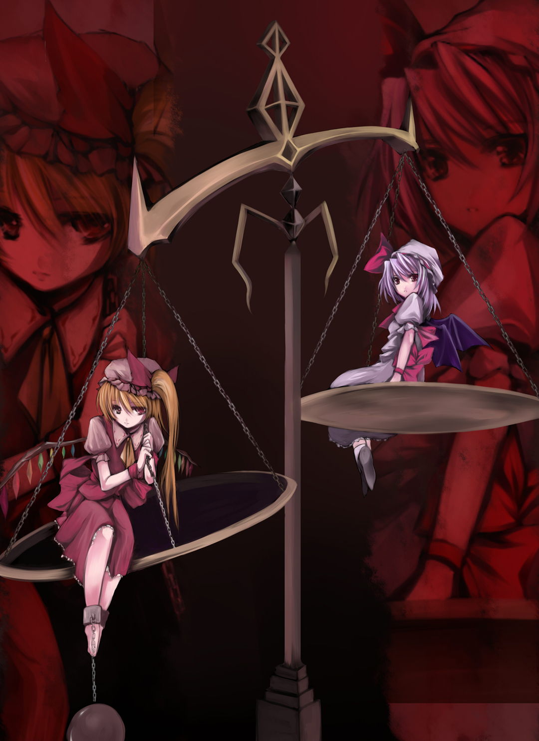 atoshi, flandre scarlet, remilia scarlet, touhou, bad id, bad pixiv id, highres, 2girls, barefoot, bat wings, blonde hair, boulder, bow, chain, female focus, hat, hat ribbon, mob cap, multiple girls, ponytail, purple hair, red eyes, ribbon, short hair, siblings, side ponytail, sisters, socks, weighing scale, weights, wings, zoom layer