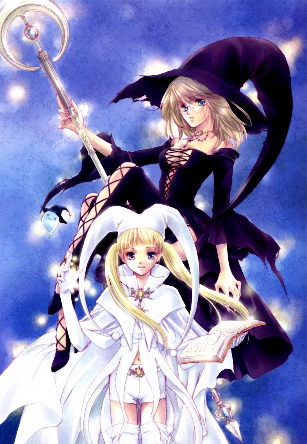 highres, 2girls, blonde hair, book, cape, dress, glasses, gloves, hat, jewelry, moon, multiple girls, necklace, shorts, staff, sun, twintails, wand, witch, witch hat