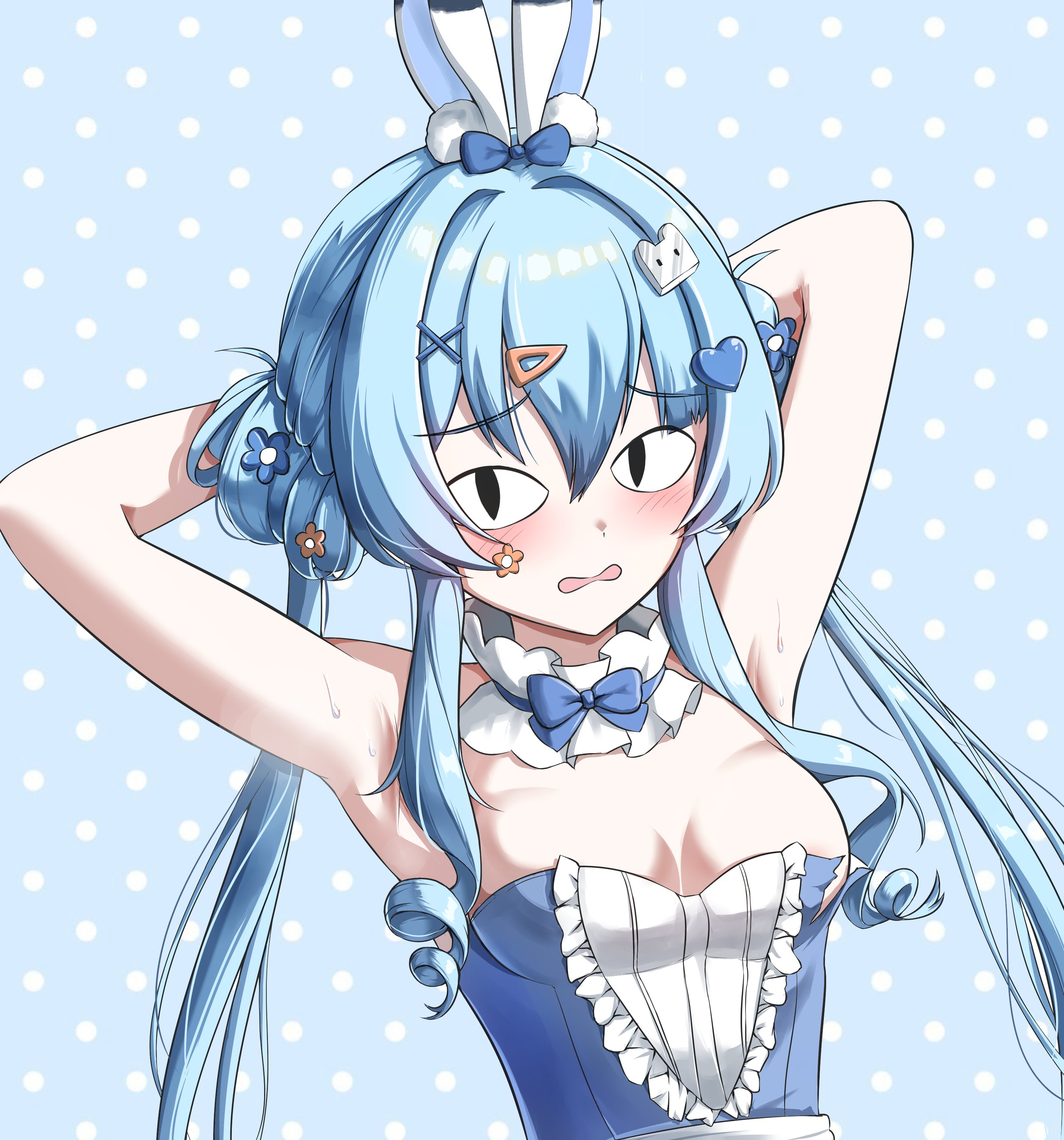arahashi tabi, stellive, absurdres, highres, <|> <|>, 1girl, animal ear fluff, animal ears, areola slip, armpits, arms behind head, arms up, black eyes, blue background, blue bow, blue bowtie, blue hair, blush, bow, bowtie, breasts, detached collar, double bun, embarrassed, flower, frills, gumikun12, hair between eyes, hair bun, hair flower, hair ornament, hairclip, heart, heart hair ornament, long hair, looking at viewer, medium breasts, open mouth, playboy bunny, polka dot, polka dot background, rabbit ears, sidelocks, solo, sticker, strapless, sweat, twintails, upper body, virtual youtuber, x hair ornament