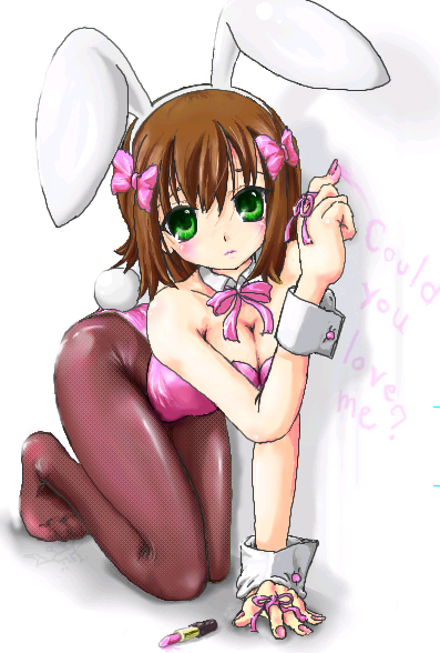dot r, amami haruka, idolmaster, idolmaster (classic), idolmaster 1, bad id, bad pixiv id, 00s, 1girl, animal ears, breasts, brown hair, cleavage, fake animal ears, female focus, green eyes, kneeling, lipstick, makeup, medium breasts, pantyhose, playboy bunny, rabbit ears, short hair, solo