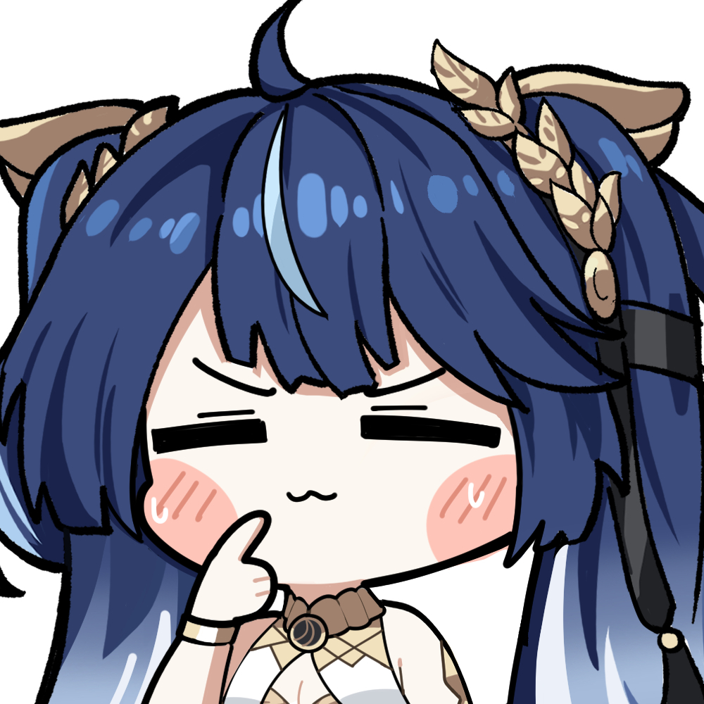 twomoon, iuno (wuthering waves), wuthering waves, commentary, english commentary, revision, 1girl, :3, ahoge, bare shoulders, blue hair, breasts, chibi, chibi only, cleavage, closed eyes, closed mouth, gradient hair, laurel crown, long hair, medium breasts, multicolored hair, portrait, simple background, solo, streaked hair, sweat, twintails, white background