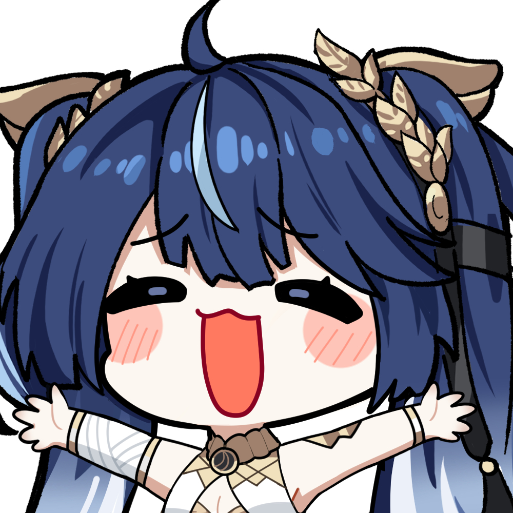 twomoon, iuno (wuthering waves), wuthering waves, commentary, english commentary, revision, 1girl, ahoge, bare shoulders, blue hair, breasts, chibi, chibi only, cleavage, closed eyes, gradient hair, laurel crown, long hair, medium breasts, multicolored hair, open mouth, simple background, smile, solo, streaked hair, twintails, white background