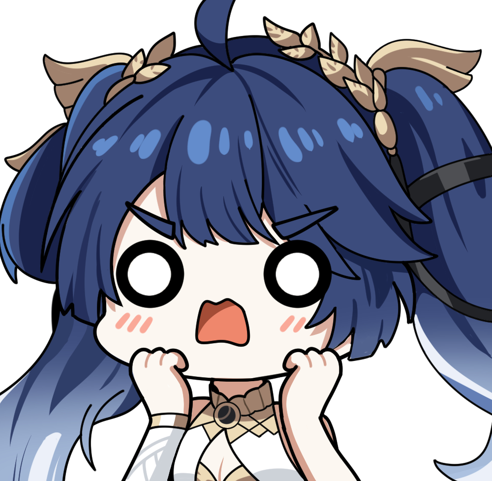 twomoon, iuno (wuthering waves), wuthering waves, commentary, english commentary, revision, 1girl, ahoge, armlet, bare shoulders, blue hair, breasts, chibi, chibi only, cleavage, gold bra, gradient hair, jewelry, laurel crown, long hair, medium breasts, multicolored hair, o o, open mouth, simple background, solo, twintails, white background