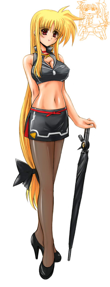 kamogawa tanuki, sei2makoto, shibuya susano, bardiche (nanoha), fate testarossa, takamachi nanoha, kemeko deluxe, lyrical nanoha, mahou shoujo lyrical nanoha, mahou shoujo lyrical nanoha strikers, colorized, 1girl, alternate weapon, blonde hair, breasts, chibi, cleavage, closed umbrella, crossed legs, high heels, legs, long hair, low-tied long hair, magical girl, medium breasts, midriff, miniskirt, pantyhose, parody, pencil skirt, planted, planted umbrella, race queen, red eyes, shoes, skirt, twintails, umbrella, very long hair, watson cross, weapon