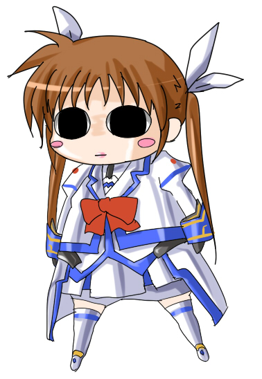 sei2makoto, shibuya susano, takamachi nanoha, kemeko deluxe, lyrical nanoha, mahou shoujo lyrical nanoha, mahou shoujo lyrical nanoha strikers, 1girl, black eyes, blush stickers, brown hair, female focus, long hair, parody, simple background, solo, white background