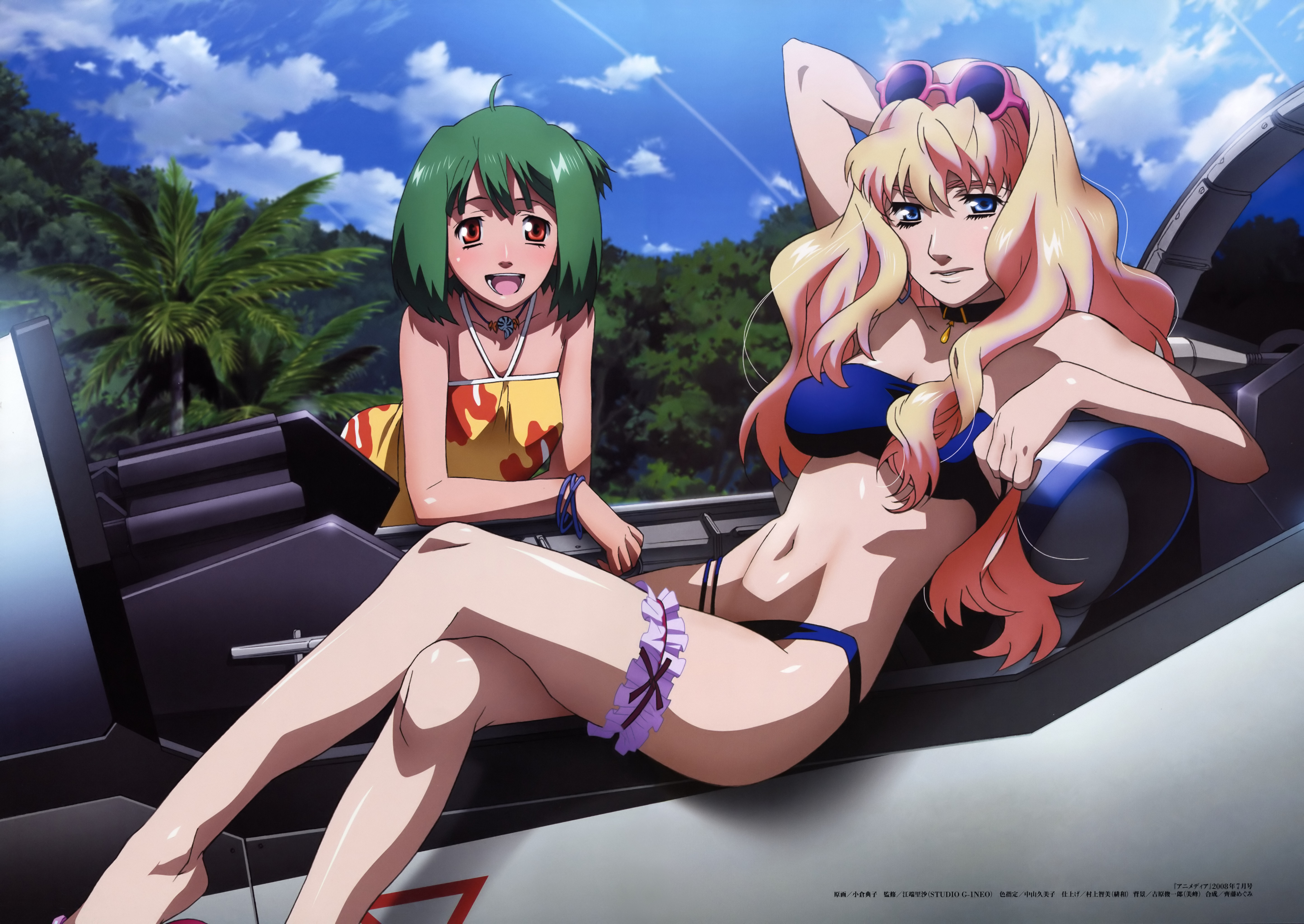 ogura noriko, ranka lee, sheryl nome, macross, macross frontier, absurdres, detexted, highres, official art, scan, third-party edit, 00s, 2girls, :d, ahoge, arm behind head, bandeau, bikini, blonde hair, blue eyes, bracelet, breasts, choker, cloud, cockpit, crossed legs, day, eyewear on head, frilled thigh strap, green hair, jewelry, legs, long hair, looking at viewer, medium breasts, multiple girls, navel, open mouth, red eyes, short hair, sitting, sky, smile, strapless, sunglasses, swimsuit, thigh strap, tree, tube top