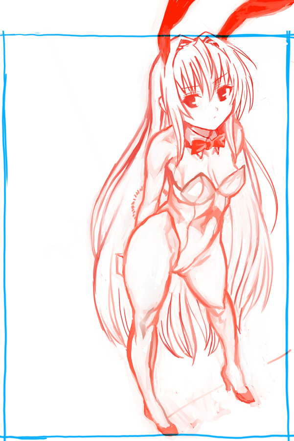 radiohead (radio paranoia), konjiki no yami, to love-ru, 00s, 1girl, animal ears, fake animal ears, female focus, long hair, monochrome, pantyhose, playboy bunny, rabbit ears, red theme, solo