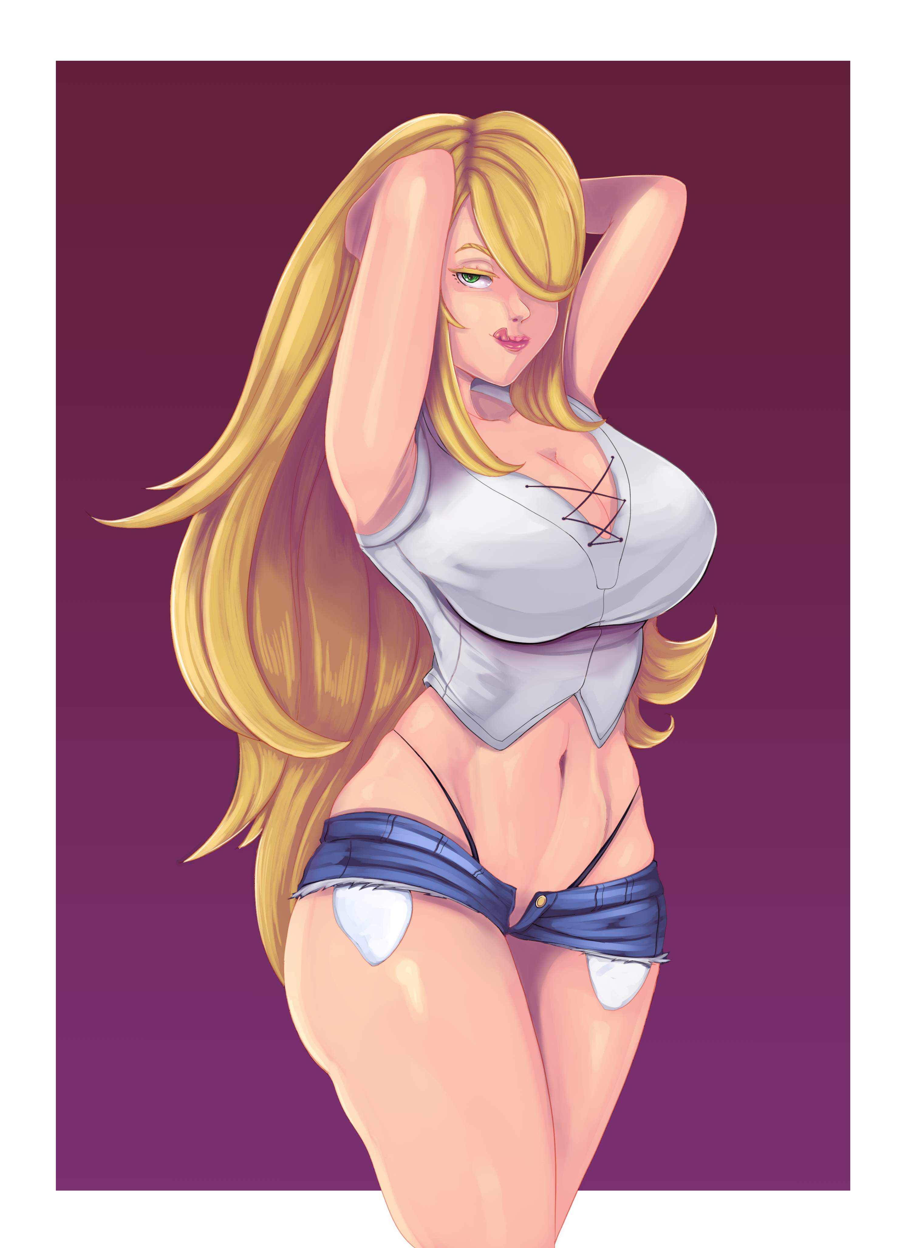 artistic madman, cynthia (pokemon), pokemon, pokemon dppt, 1girl, blonde hair, breasts, large breasts, long hair