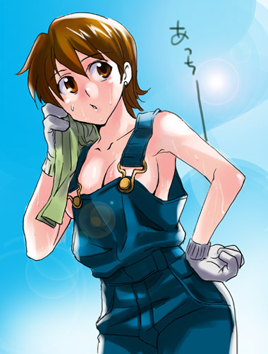 inue shinsuke, fujimura taiga, fate/stay night, fate (series), 00s, 1girl, breasts, brown eyes, brown hair, female focus, gloves, naked overalls, overalls, short hair, solo, sun, sweat