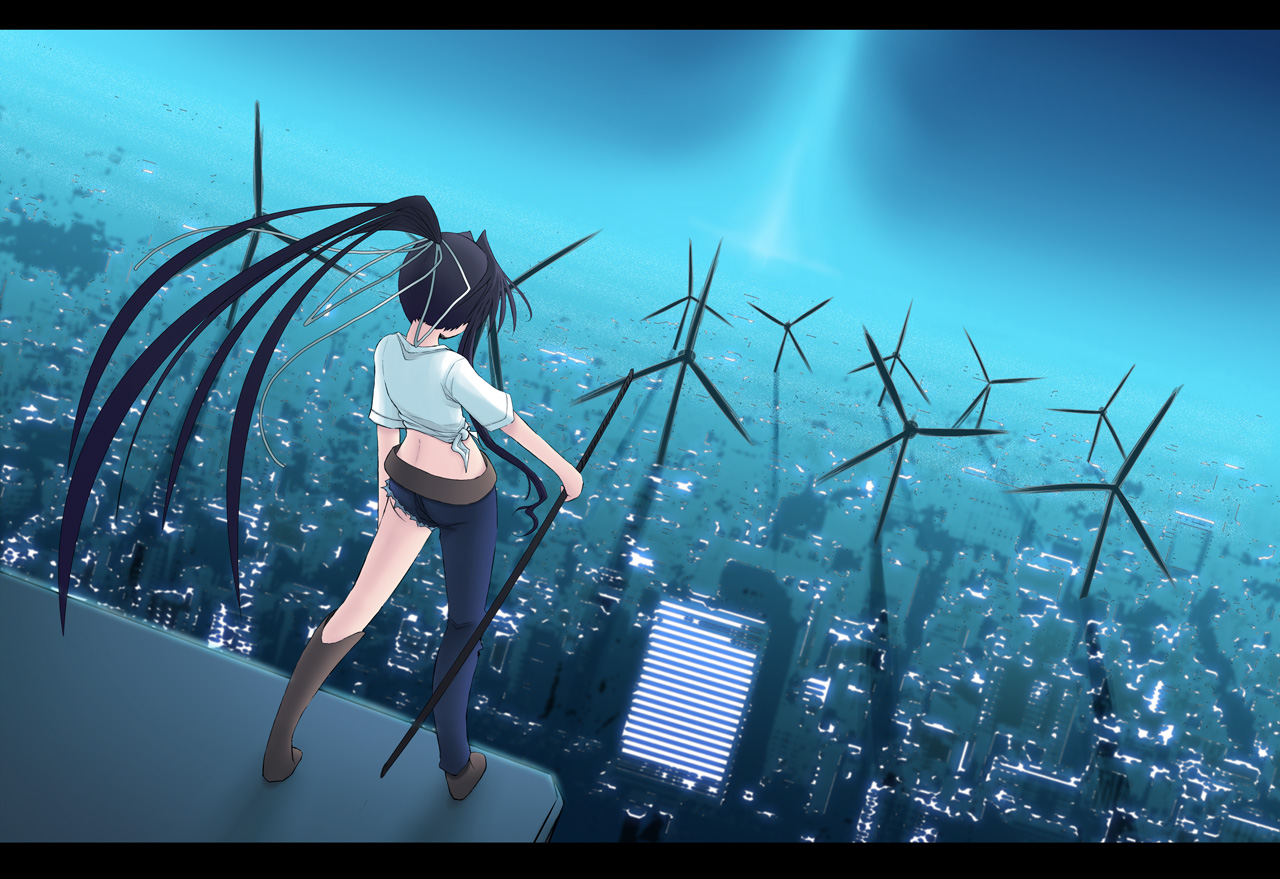 tomcat, kanzaki kaori, toaru majutsu no index, 00s, 1girl, asymmetrical clothes, asymmetrical legwear, black hair, blue theme, boots, building, city, city lights, cityscape, denim pants, facing away, female focus, from behind, full body, holding, holding sword, holding weapon, huge weapon, katana, knee boots, letterboxed, long hair, long sword, midriff, ootachi, pants, ponytail, scenery, shichiten shichitou, single pantsleg, sky, skyscraper, solo, standing, sword, torn clothes, torn pants, very long hair, weapon, wind turbine, windmill, window