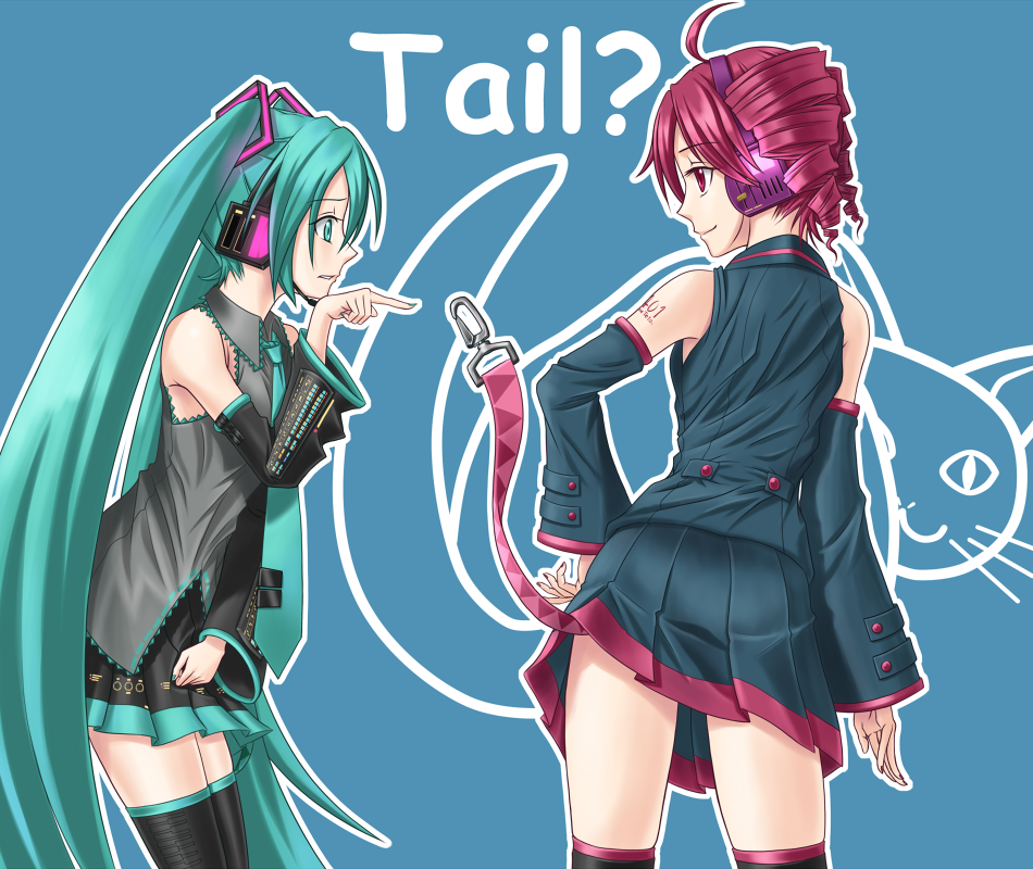 sukua, tk28, hatsune miku, kasane teto, kasane teto (utau), utau, vocaloid, 2girls, crossover, drill hair, english text, green hair, green nails, long hair, multiple girls, nail polish, pointing, red hair, red nails, short hair, skirt, tail, thighhighs, twin drills, twintails